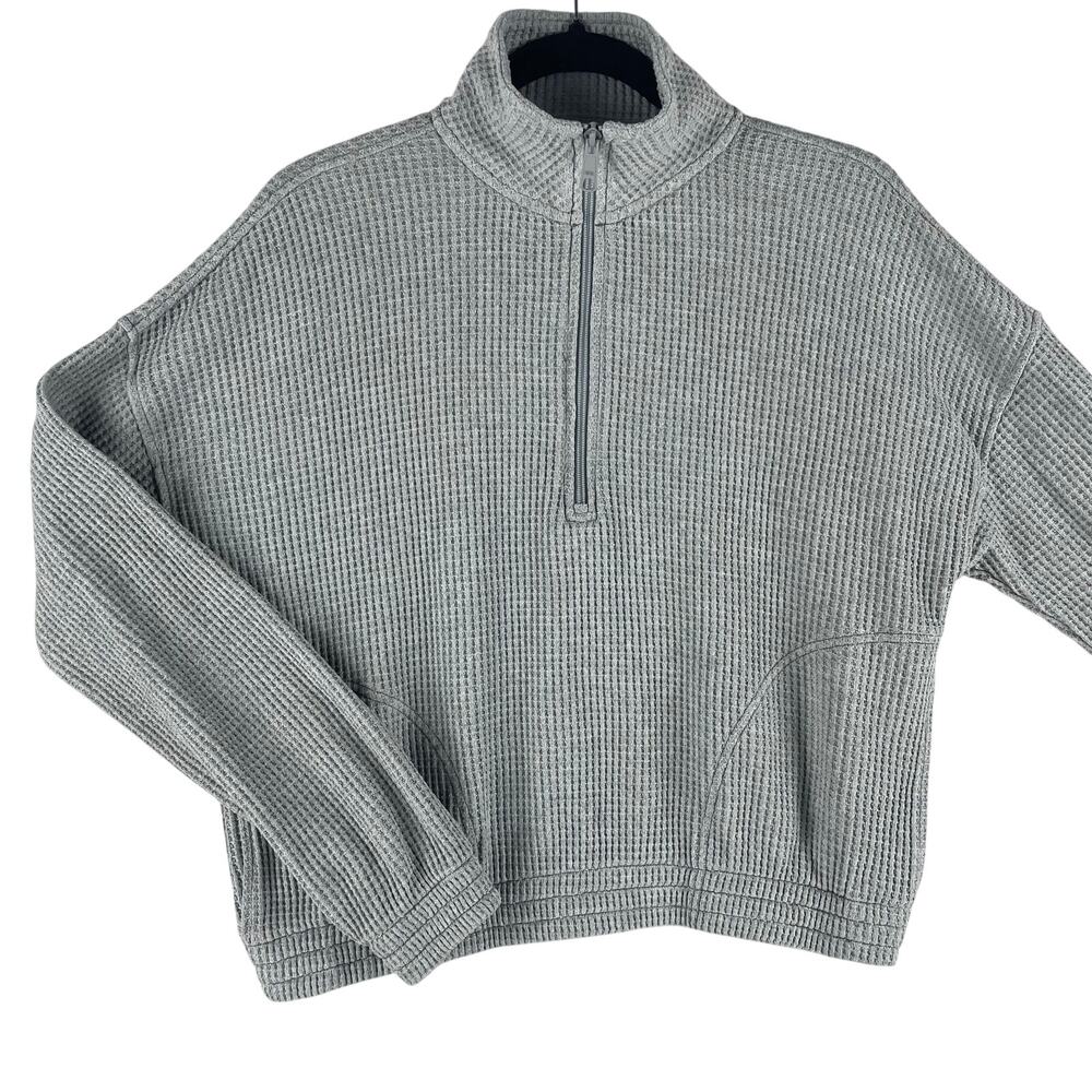 Aerie WMNS CozyUp Waffle Quarter Zip Pullover Sweater XS Gray Mock Neck Pockets